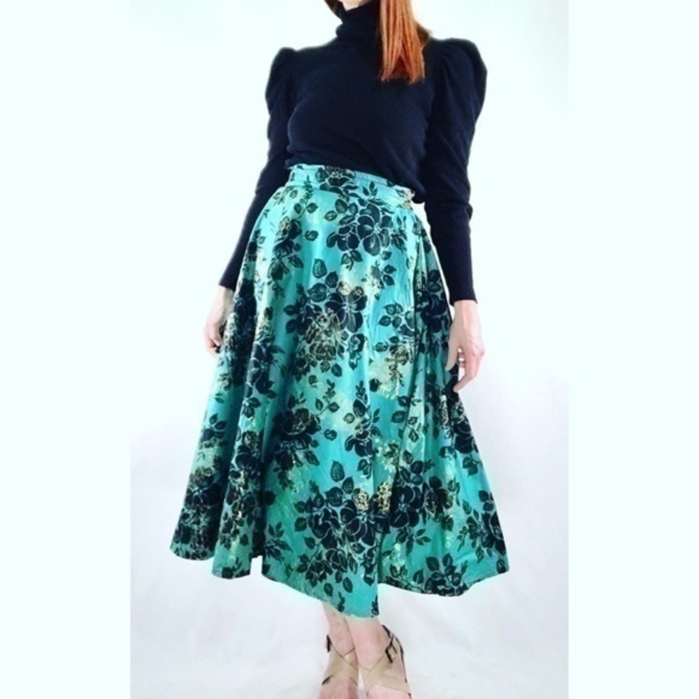 60’s Vintage Green Floral Circe Midi Skirt